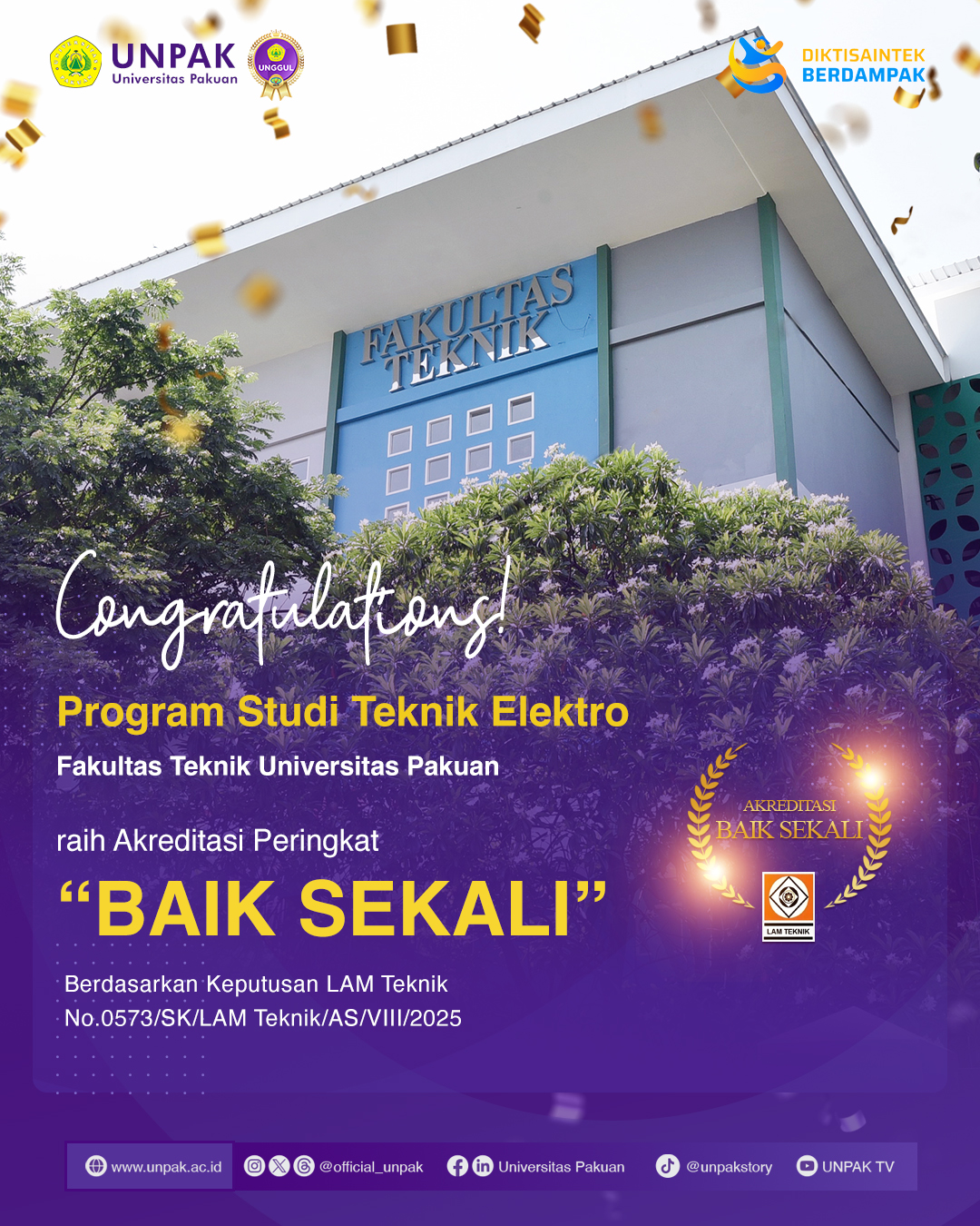 Program Studi Teknik Elektro FT Universitas Pakuan Raih Akreditasi “Baik Sekali” dari LAM Teknik