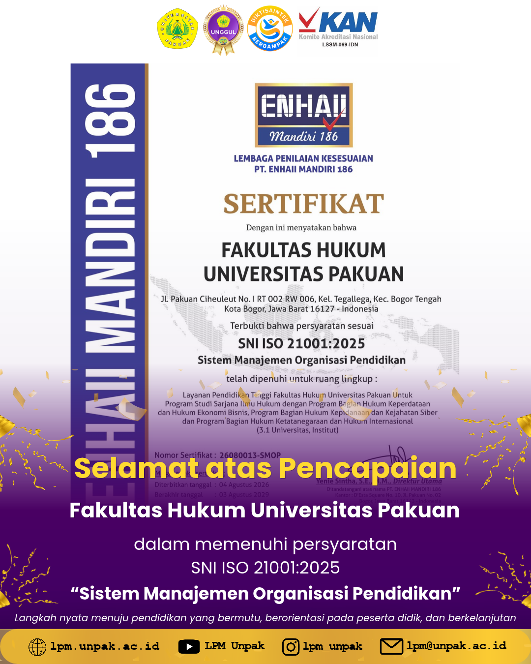 Fakultas Hukum Universitas Pakuan Capai Pemenuhan Persyaratan SNI ISO 21001:2025